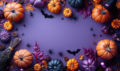 Wall Mural - happy halloween holiday concept frame made of halloween decorations pumpkins bats spiders witch brooms hats pots on purple background flat lay top view