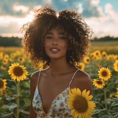 Sticker - Beautiful woman with curly hair standing in a field of sunflowers, happy. Generative AI.