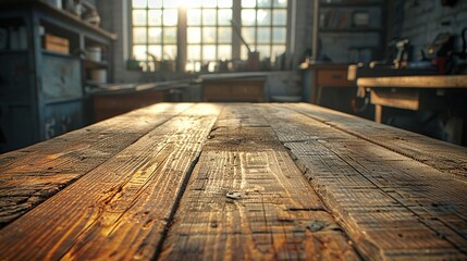 Sticker - Rustic Wood Table in Workshop Setting