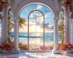 large arched window with panes overlooking a tropical beach with a bright sunrise in view, the wall 