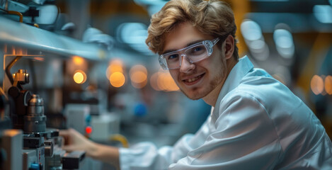 Aufkleber - The young scientist is smiling, engaged in robotics, a bright atmosphere. Generative AI.