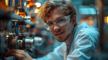 Aufkleber - The young scientist is smiling, engaged in robotics, a bright atmosphere. Generative AI.