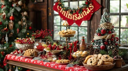 Wall Mural - Christmas Table Setting with Festive Decorations and Treats