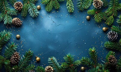 Canvas Print - blue christmas background,fir tree branches,glitter confetti stars christmas new year winter holidays concept xmas frame banner mockup