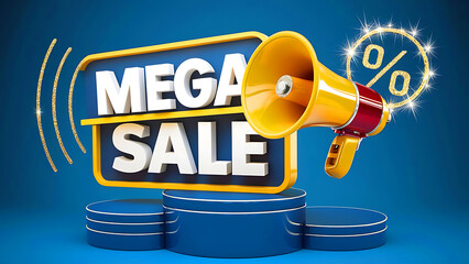 Wall Mural - Mega sale mega offer super offer new offer illustration neon 3d text design on podium background. 