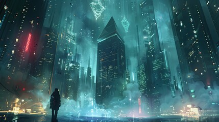 Poster - Futuristic Cityscape with a Lone Figure