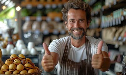 Poster - barista coffee shop owner in apron shows thumbs up gesture