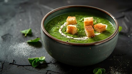 Canvas Print - Bowl of green vegetable soup with croutons, herbs, and cream drizzle on a dark background.