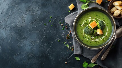 Wall Mural - Bowl of green vegetable soup with broccoli, croutons, and cream garnish, on a gray napkin with scattered herbs and spices, spoon and croutons on the side.