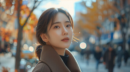 Wall Mural - a Korean pretty young lady, walking in New York street, look at the sky, Autumn. Generative AI.