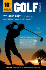 Wall Mural - Golf tournament poster template with silhouette of man player batting ball at sunset