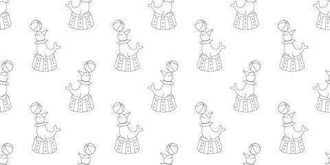 Wall Mural - Seamless pattern with cute circus seal. Childish hand drawn monochrome line background.