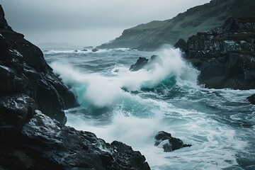 Waves Crashing Against Rugged Coastline