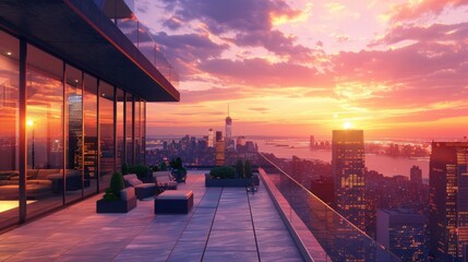 Wall Mural - Beautiful sunset view from the terrace of an expansive. Generate AI image