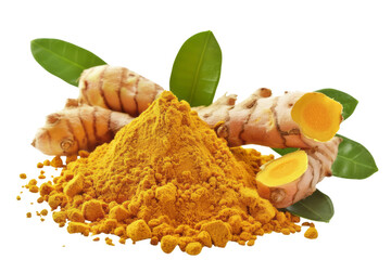 Turmeric powder and turmeric root isolated on transparent background with fresh ginger rhizome.