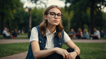 Wall Mural - young beautiful nerd woman sitting portrait on the park background