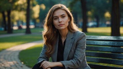 Wall Mural - young beautiful professional woman sitting portrait on the park background