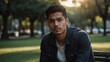 © sevenSkies - young handsome hispanic guy sitting portrait on the park background