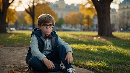 Wall Mural - young nerd kid boy sitting portrait on the park background