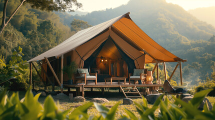 Canvas Print - A luxurious glamping tent set up on a wooden platform in a lush, mountainous environment, with comfortable seating and interior lighting visible.