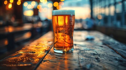 A refreshing glass of amber beer sits on a wooden table with a blurred background of string lights, capturing a warm and inviting atmosphere at dusk