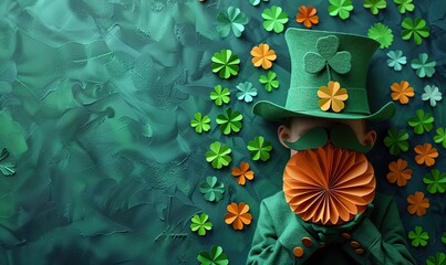 Canvas Print - leprechauns hat pot of gold folding paper fans decorations on green table st patricks day banner greeting card template