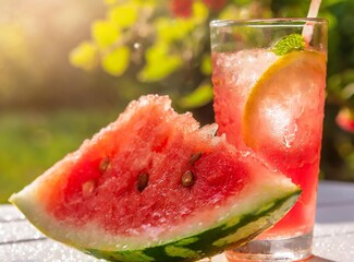 Wall Mural - Watermelon with fresh drink on summer outside closeup. Refresh on a hot day.