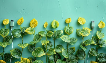 Canvas Print - plug wire,branch of green leaves on green background the idea of saving energy protecting the environment,conserving resources