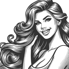 Wall Mural - smiling woman with flowing hair, fashion beauty model, classic comic book style sketch engraving generative ai fictional character raster illustration. Scratch board imitation. Black and white image.