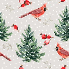 Wall Mural - Christmas seamless pattern, red cardinal birds, rosehip berries, green fir trees, twigs, snow, beige background. Vector illustration. Nature design. Season greeting. Winter Xmas holidays