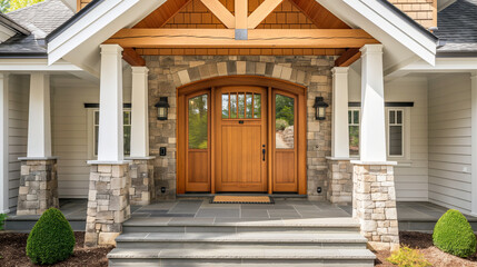 Front entrance of a modern craftsman home with stone pillars and wooden door. Generative AI