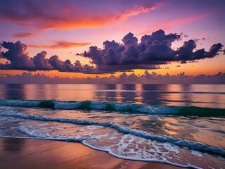 Wall Mural - A breathtaking view of a colorful sky at sunset over a calm ocean, with vibrant hues of orange, pink, and purple reflecting on the water