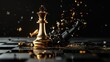 © vitanovski - Golden knight piece conquering black king on chess board in dramatic scene