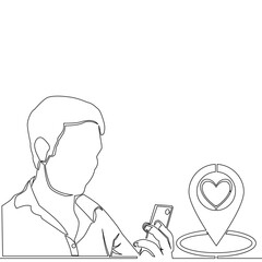 Continuous one single line drawing Young man looking for girlfriend through mobile phone dating app icon vector illustration concept