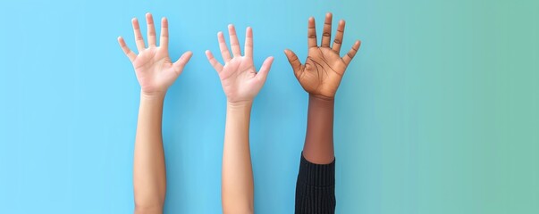 Diverse hands raised against a colorful background symbolizing unity and inclusivity.