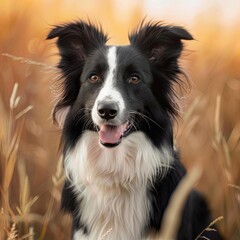 Wall Mural - Outdoors photo of black white border collie dog standing and looking in camera on green summer park background