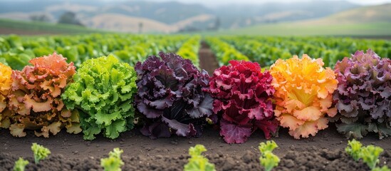 Poster - Rainbow Row of Freshly Grown Lettuce in a Field