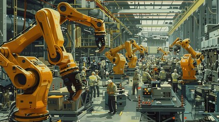 Poster - document the collaborative environment of a factory where robots and humans are working side by side