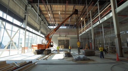 Poster - document the use of robotic arms in the precise placement of structural beams in a new building. hig