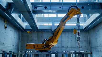 Poster - Document the use of robotic arms in the precise placement of structural beams in a new building. Highlight the strength and accuracy of robotics in heavy lifting tasks.