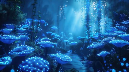 surreal underwater scene depicting bioluminescent creatures and alien plant life ethereal blue light illuminates the mysterious ecosystem