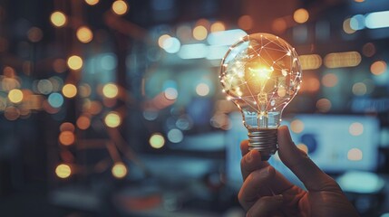 Wall Mural - Businessman is holding a light bulb with a network connection inside, symbolizing global business ideas