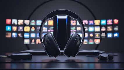 Black standard headphones and game console in the background on a background. 3d rendering