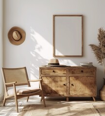 Aufkleber - Home interior background, white room with natural wooden furniture, Scandi-Boho style, 3D rendering