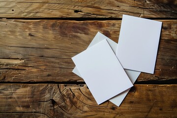 Poster - The blank portrait mock-up paper is isolated on a brown wooden table with a changeable background / The white paper is isolated on a wood background