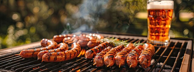 Wall Mural - fried sausages and beer. selective focus