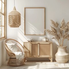 Aufkleber - Bedroom interior background with coastal boho style, 3D render