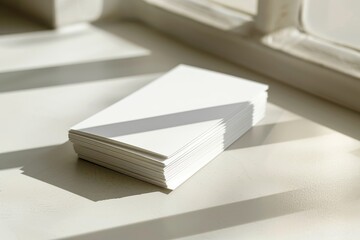 Poster - A blank business card on a wooden background. Corporate Stationery, Branding Mockup. Creative designer desk. Flat lay. Text space.