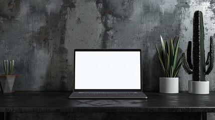 Aufkleber - A cropped shot of a modern workspace with a blank screen laptop and ceramic vase on a black desk surrounded by a grey loft wall.