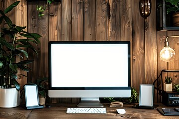 Aufkleber - An office desk with a white screen is shown in this mockup of a desktop computer.
